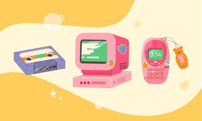 Vintage desktop computer, cassette tape, 90's lofi style phone