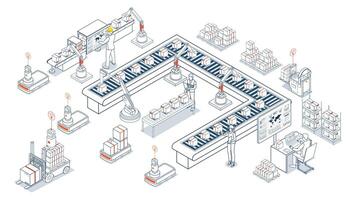 Autonomous Robots in Logistics. Streamlining product delivery from suppliers to customers through automated warehouse operations and forklifts. vector