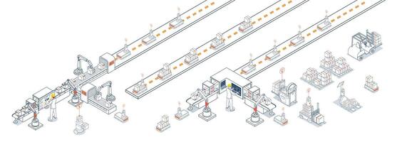 Smart Warehouse Technology and Industry 4.0. Utilizing AGVs and AMRs for efficient automated material handling vector