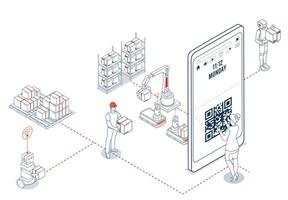 Woman scans QR code on phone to make an online purchase. Features digital payment and efficient delivery logistics with tracking capabilities. vector