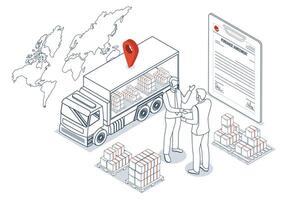 Export and Import Business concept shown through a business handshake over contract documents at a container terminal. Represents global logistics networks and transportation services. vector