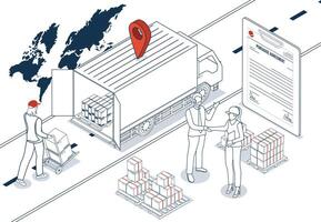 Export and Import Business concept shown through a business handshake over contract documents at a container terminal. vector