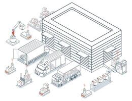 Modern warehouse with autonomous robots moving inventory. Essential visual for tech-forward supply chain, logistics, and inventory management solutions. vector