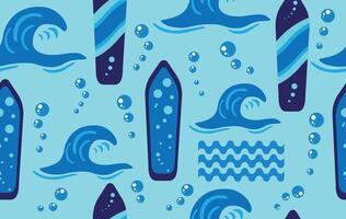 Summer pattern seamless fabric summer season. wave water and surfboard on blue background. Designed for summer pattern vector