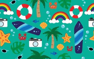 Summer pattern seamless fabric summer season. beach elements on green background. Designed for summer pattern vector