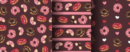 Set of Seamless patterns with glazed donuts. Repeating texture with delicious dessert for fabric, wallpaper vector