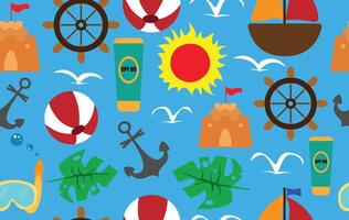 Summer pattern seamless fabric summer season. beach elements on blue sky background. Designed for summer pattern vector