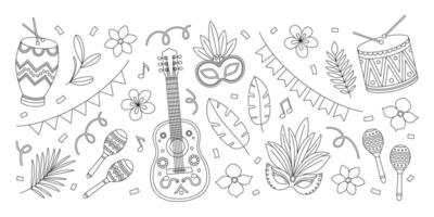 Brazil Carnival coloring page. Outline set with guitar, maracas, drums, masks with feathers, flowers, leaves, garlands and confetti. Contour festival elements collection. Coloring book for print vector