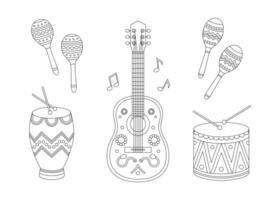 Ethnic musical instruments coloring page. Outline set with guitar, drum, drumsticks, conga, maracas and notes. Latin music festival, brazil carnival contour collection. Coloring book for print vector