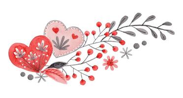 Airy arrangement with heart and twig in folk style. Stylized illustration in red and gray colors for wedding invitation creating. Hand drawn composition is perfect for romantic and love designs. vector