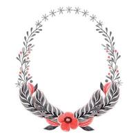 Oval wreath with feather and flower in folk style. Stylized illustration in red and gray colors for wedding invitation creating. Hand drawn composition is perfect for romantic and love designs. vector