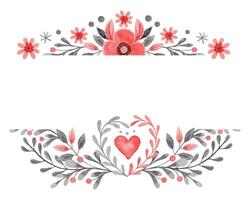 Horizontal border with heart and copy space in folk style. Stylized illustration in red and gray colors for wedding invitation. Hand drawn composition is perfect for romantic and love card design. vector