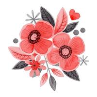 Flowers with heart composition in folk style. Stylized illustration in red and gray colors for wedding invitations creating. Hand drawn arrangement is perfect for romantic and love design. vector