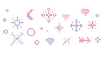 Pixel star sparkle cute retro 8 bit sparkle set. Shiny pink game pixel art effect set. Firework burst, arrow, space decoration. 90s aesthetics, y2k vector
