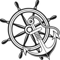 Ship's Wheel Anchor Nautical Theme Vintage Maritime Symbol Sailor Tattoo Design Black and White Monochrome vector