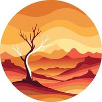 Minimalist Desert Landscape Circular Composition Stylized Tree Silhouette Sunset Sky Warm Color Palette Geometric Shapes vector