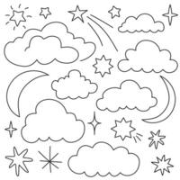 Set of hand drawn cloud, star, and moon icons in black outline. Simple celestial elements for design, stickers, and patterns. vector