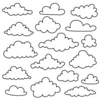 Set of hand drawn cloud icons in black outline. Simple minimalistic elements for design, stickers, and patterns. vector