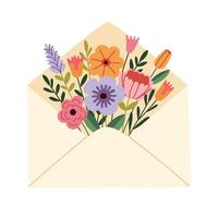 Elegant floral illustration of a bouquet with colorful spring flowers inside an open envelope. Perfect for greeting cards, love letters, romantic designs, and seasonal decorations vector