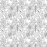 Seamless hand drawn floral pattern with leaves, flowers, mushrooms, apples, and acorns in black outline. Perfect for coloring pages, textiles, and design projects. vector