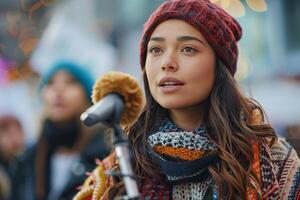 A woman wearing a hat and scarf is speaking into a microphone photo