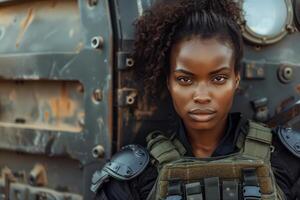 A woman in military gear standing next to a vehicle photo