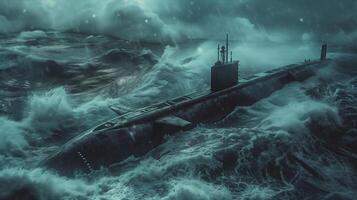 A submarine in the ocean with waves and stormy weather photo