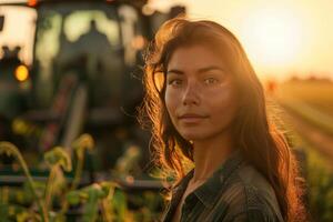 A woman standing in front of a tractor at sunset photo