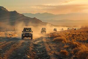 Four jeeps driving through the desert at sunset photo