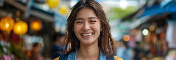 A woman smiles while standing in a crowded market photo
