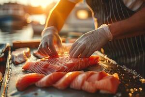 A person is cutting up fish on a table photo