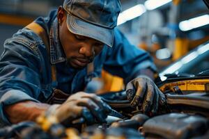 A man working on a car in a garage photo