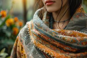 A woman wearing a scarf in the sun photo
