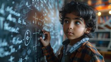 A young boy is writing on a blackboard photo