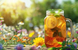 A jar of lemonade with flowers and leaves on a table photo