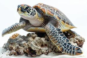 A turtle is sitting on a rock in the ocean photo