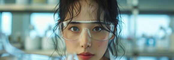 A woman wearing glasses in a laboratory photo