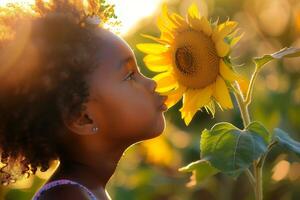 A young girl is smelling a sunflower photo