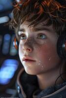 A young boy with headphones on in a spaceship photo
