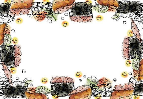 Traditional Japanese food, gunkan inari sushi with raw fish salmon tuna crab, caviar cucumber ginger hand drawn in watercolor and ink. Border frame for restaurant, cafe menu, kitchen, recipe book