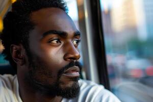 A man with a beard and a beard looking out the window photo