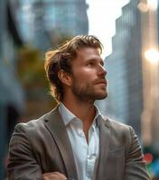 A man in a suit standing in front of a city photo