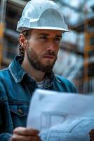 A man in a hard hat holding a blueprint photo