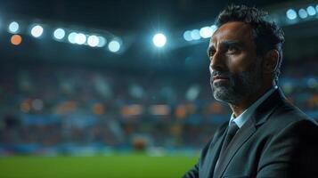 A man in a suit stands in front of a stadium photo