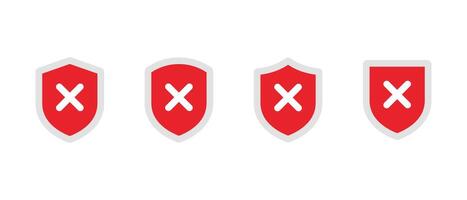 Shield with x cross mark icon set in flat design. Unsafe, no defense sign symbol vector