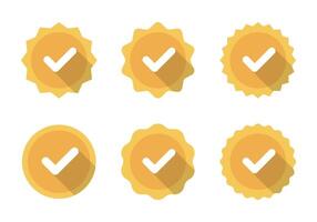 Check mark badge set collection with long shadow. Checkmark certificate, tick sign symbol vector