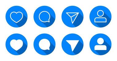 Like, comment, share, and profile icon with long shadow. Social media communication vector