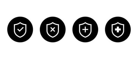 Safe, unsafe, and health badge icon on black circle. Shield with check mark, x cross and plus sign symbol vector