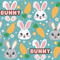 Cute Kawaii Bunny Seamless Pattern with Carrots and Text on a Teal Background vector