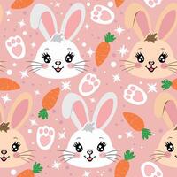 Cute Kawaii Bunny Seamless Pattern with Carrots on a Soft Pink Background vector